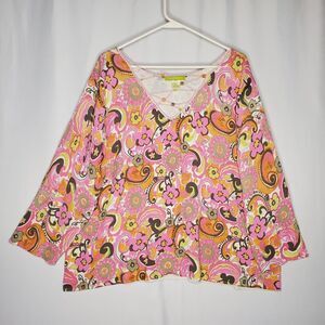 Sigrid Olsen Sweater 3X Paisley Floral Caged V-Neck Multicolor Knit 3/4 Beaded